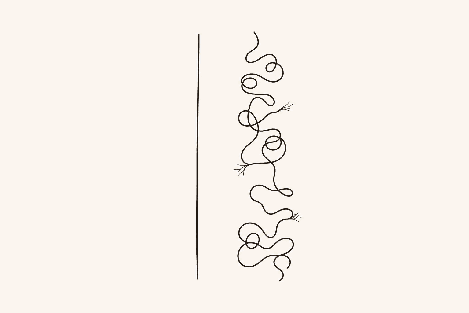 A straight vertical line stands beside a looping, knotted and frayed line, representing confidence and anxiety existing side by side.