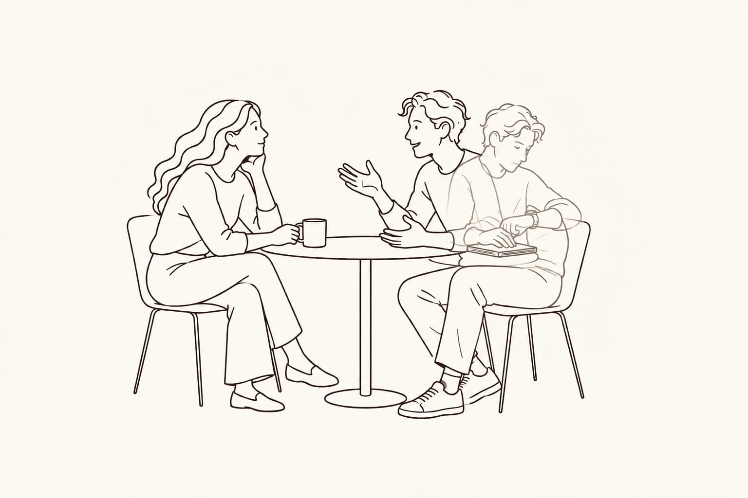 Two people sit across a table while one is shown in two overlapping postures, one engaged in conversation and one focused on a notebook and watch, representing a shift in motivational state.