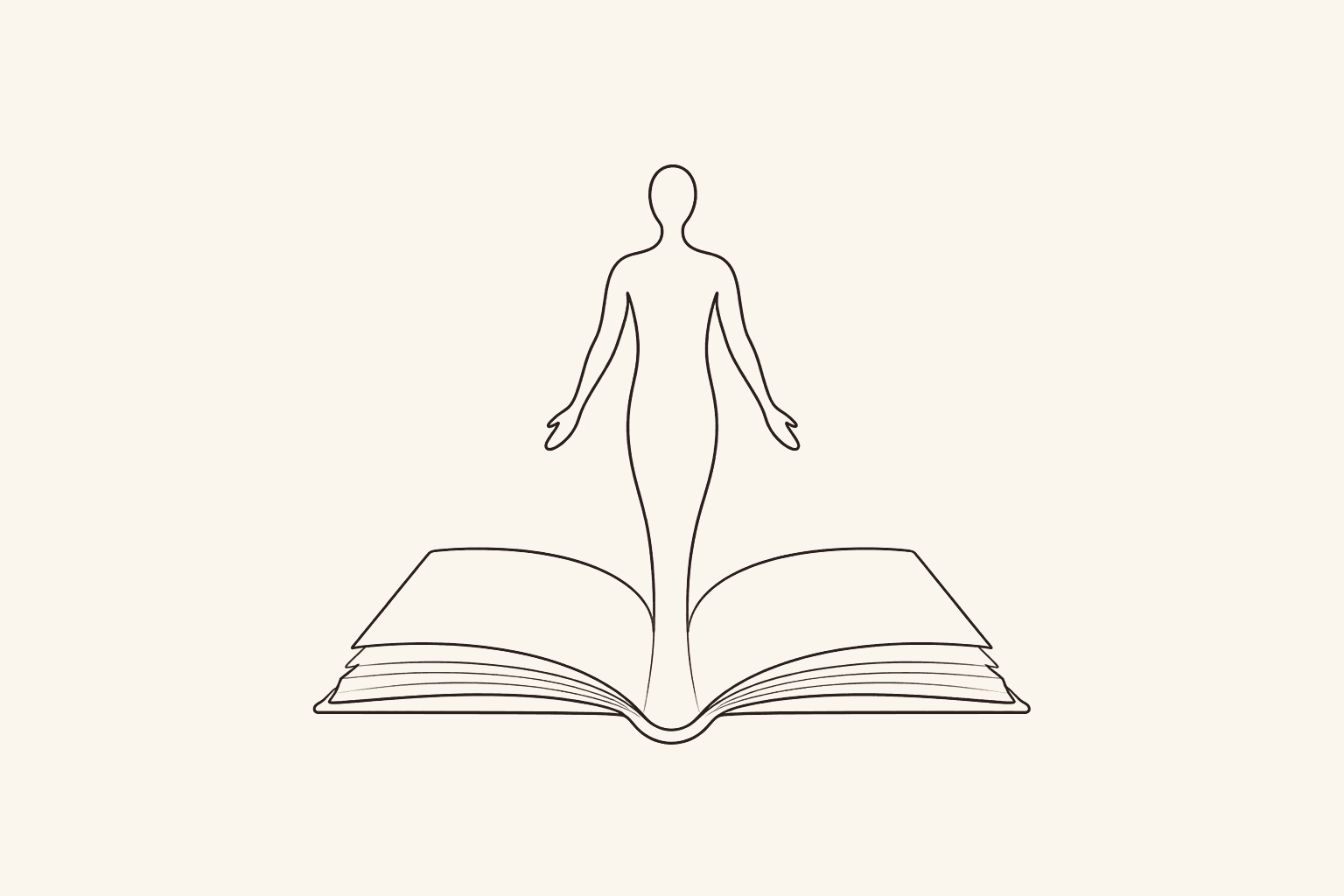 Open book whose spine rises into a calm, upright human figure