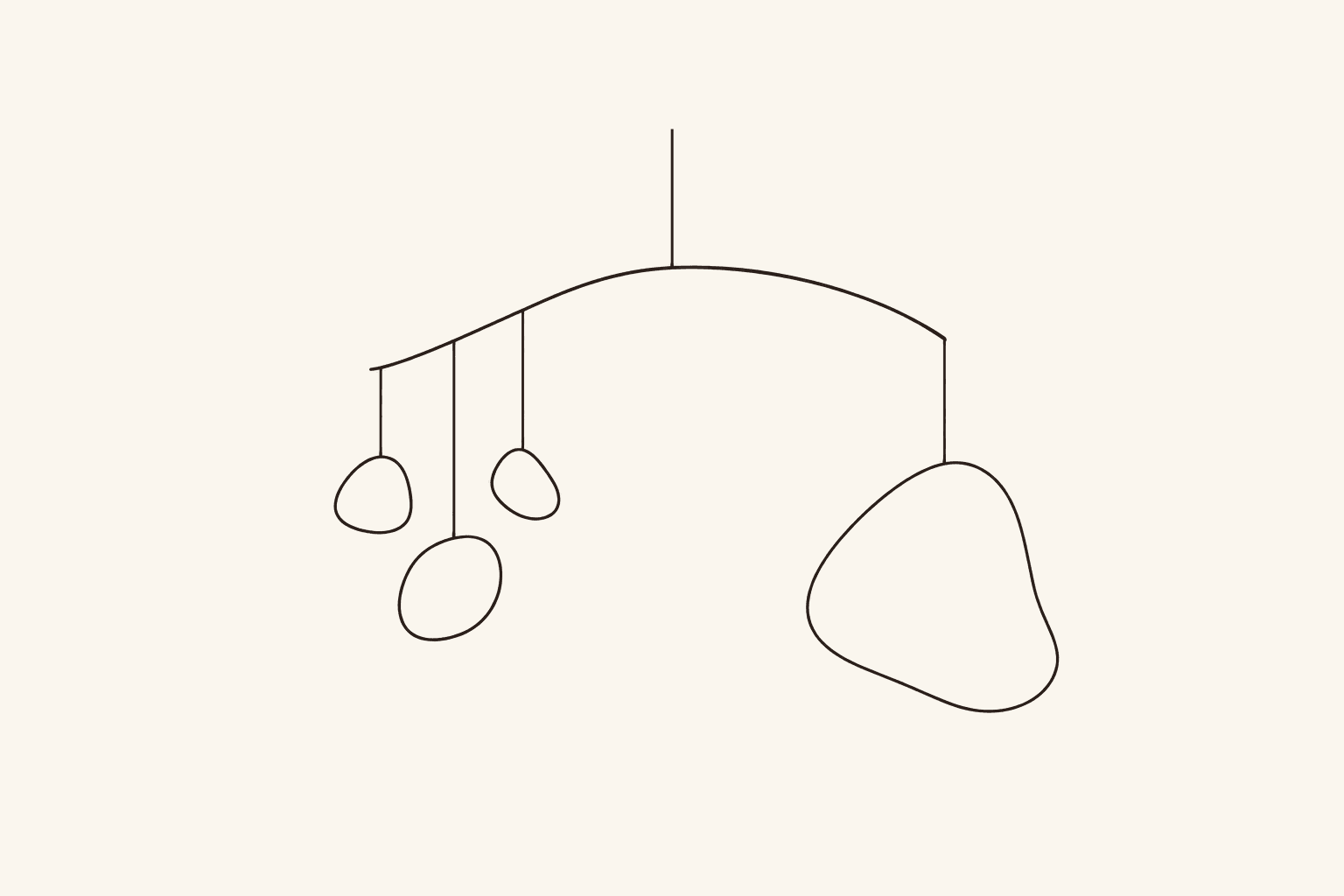 An asymmetrical hanging mobile with three small organic forms balanced by one larger form, representing deliberate balance rather than equal weight.