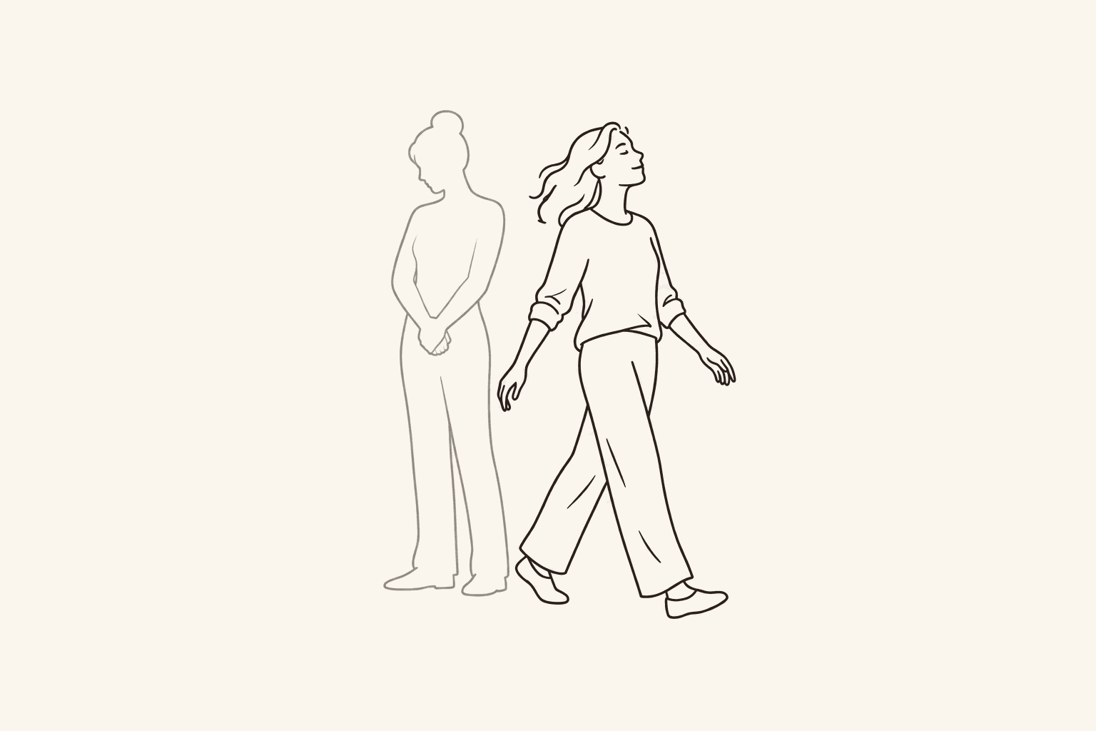 A woman walks forward with an open posture, leaving behind a faint outline of herself standing with her hands clasped.