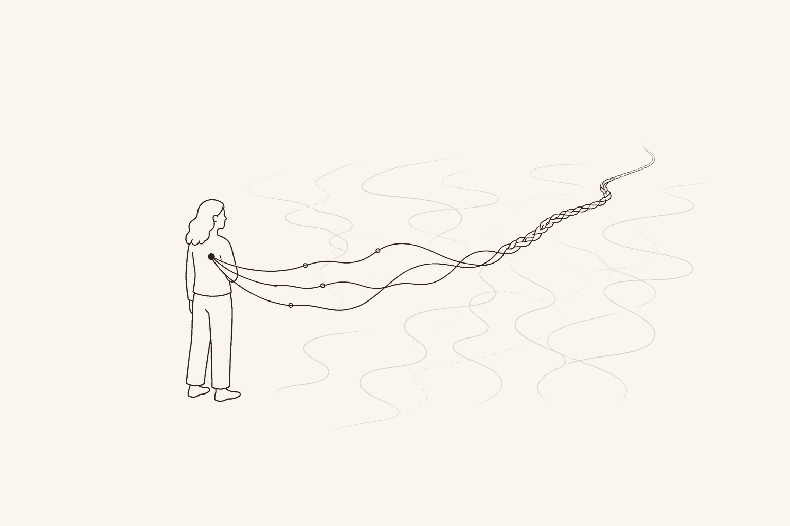 A woman stands among faint, winding paths as three lines from her chest weave into one clear route ahead.