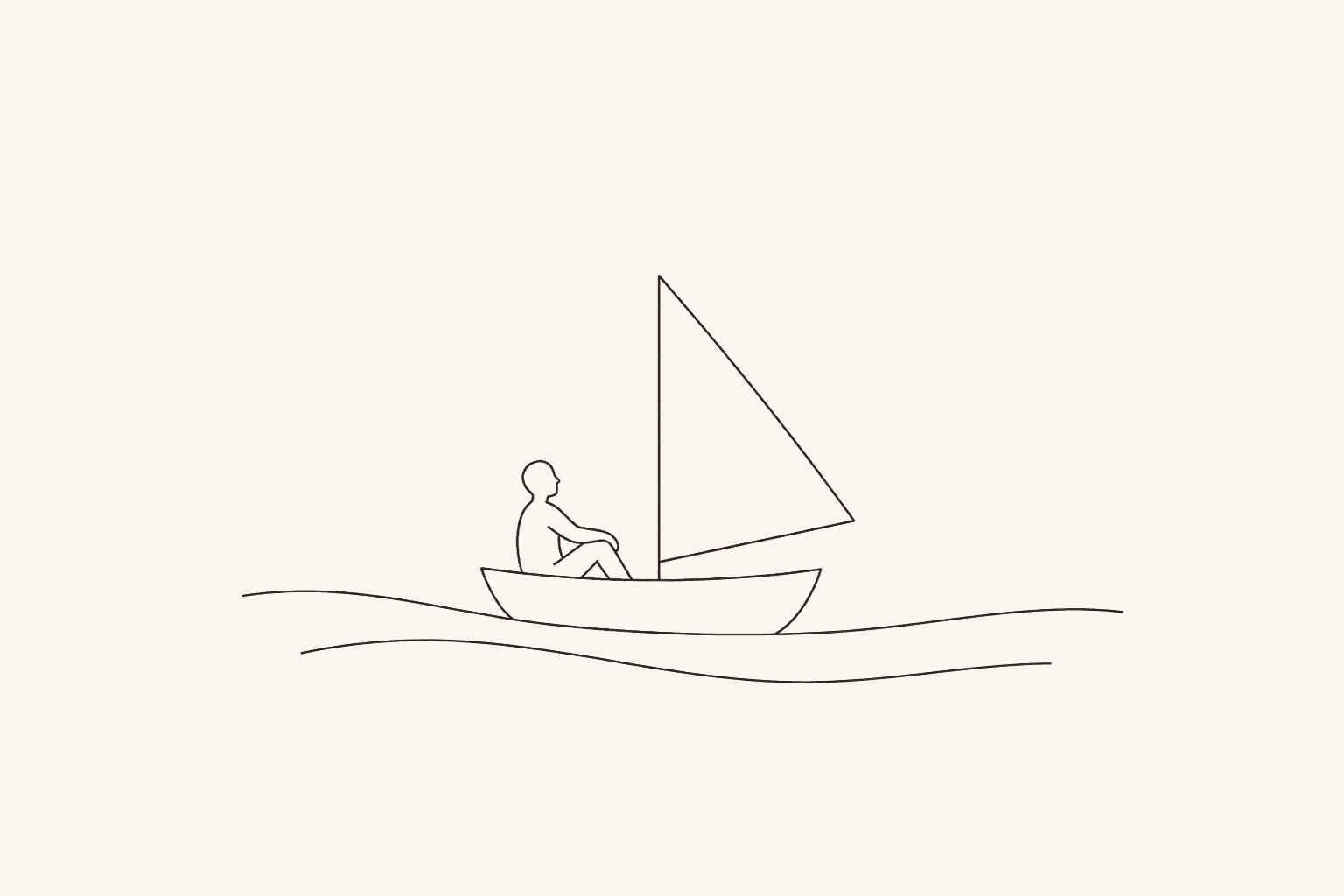 Minimal ink illustration of a person sitting in a small sailboat on two gently curved ocean lines.