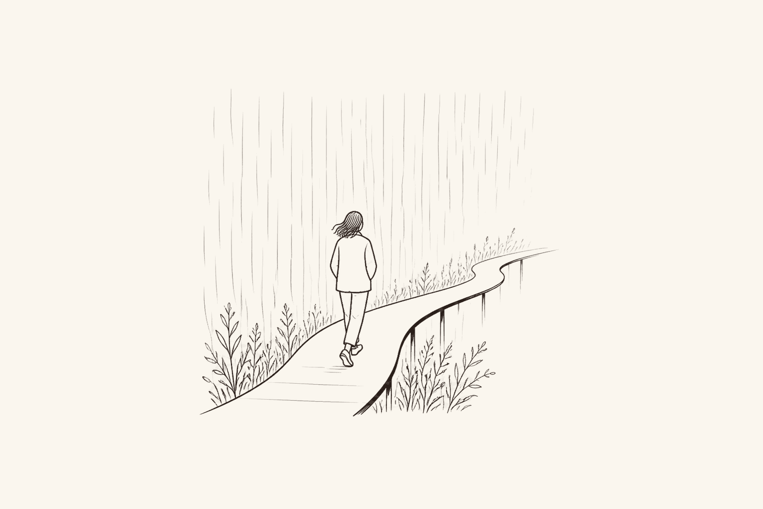 A person walks steadily along an elevated garden path through the rain, representing the choice to keep moving despite an obstacle.
